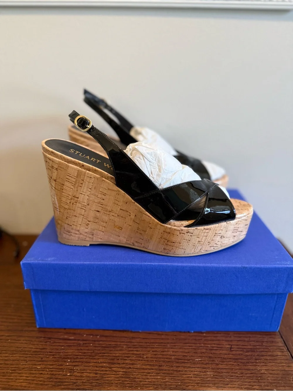 Stuart Weitzman Carmen Black Patent Cork Wedge Sandals -‎ Women's Slingback NEW